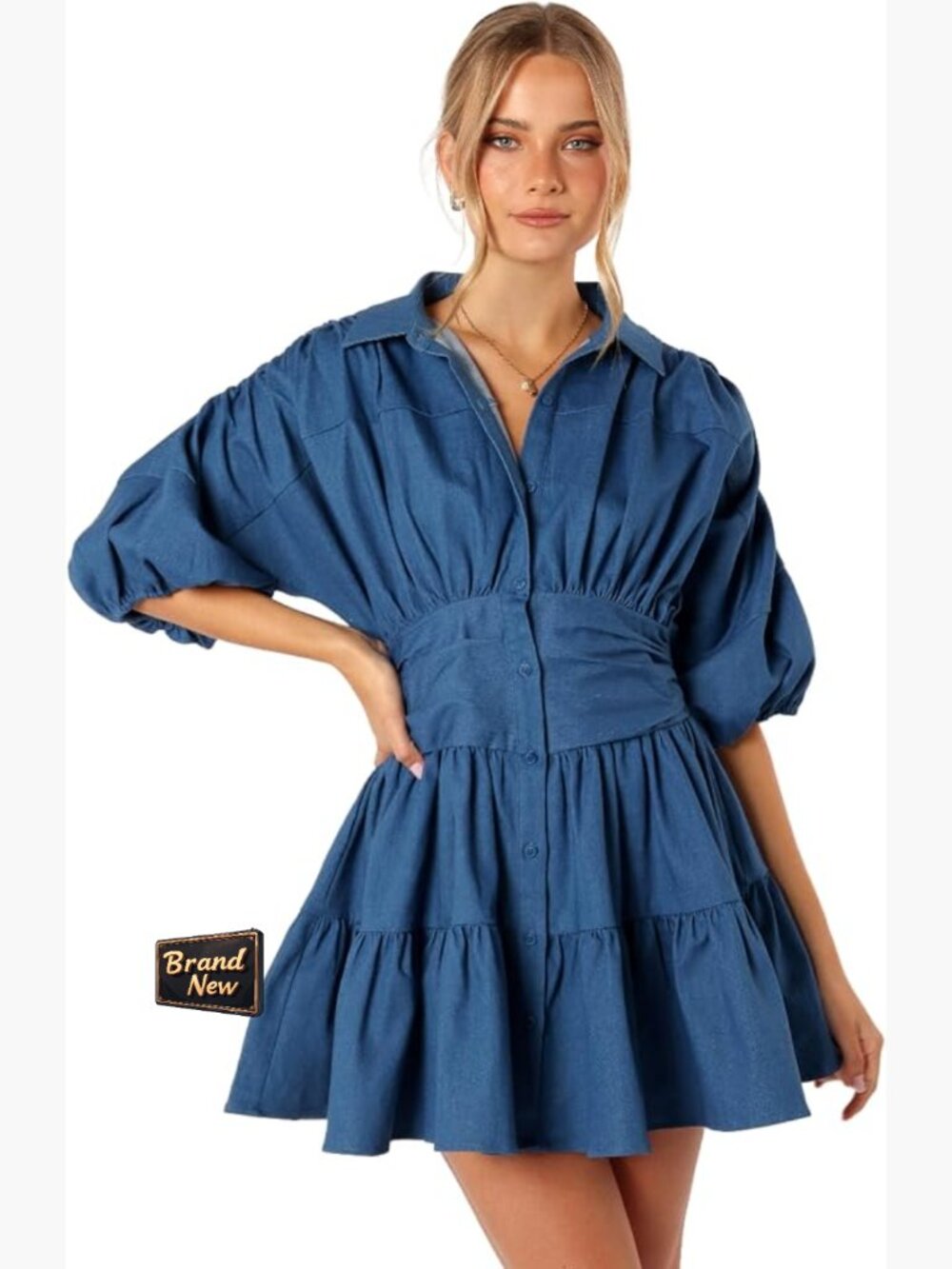 Long Sleeve Mini Dress Collared V-Neck Button Front Fitted A-Line